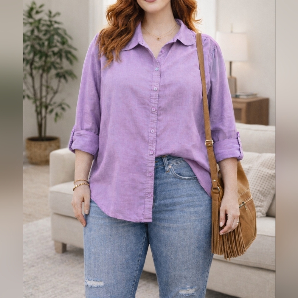1X Laura Scott Purple Button-Down 100% Cotton Relaxed Fit Roll-Up Long Sleeves